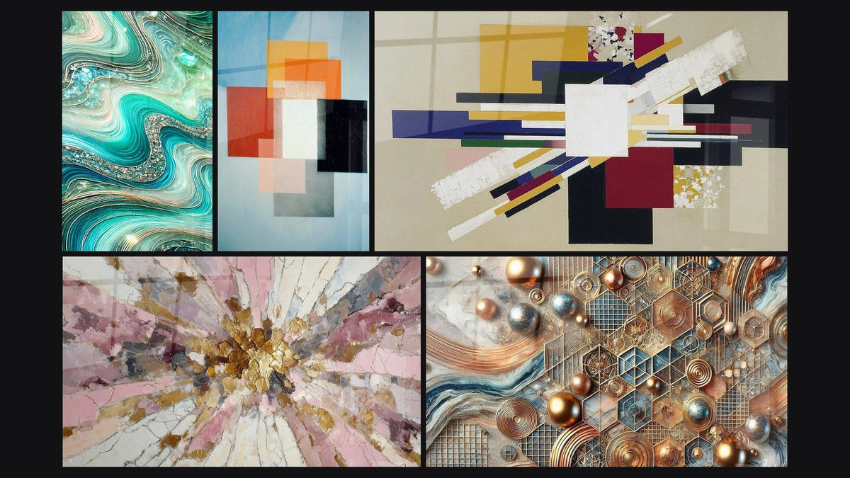 Mosaïque de cinq tableaux, dont Vagues Cristallines, Mosaïque de Cuivre et Formes Géométriques Contraste Fonctionnel