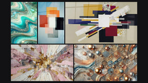 Mosaic of five paintings, including Crystalline Waves, Copper Mosaic and Geometric Shapes Functional Contrast