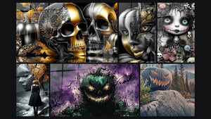 Mosaico de seis cuadros, entre ellos Máscara Mirada Embrujada y Mujer Calabaza Hechizo de Octubre