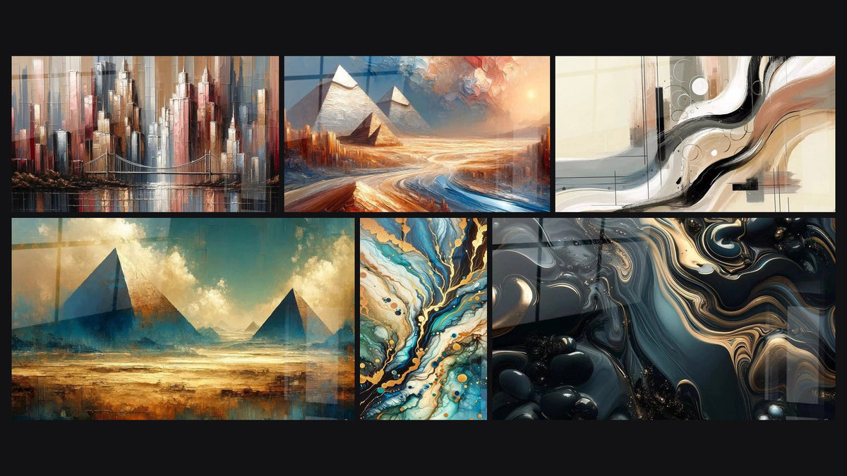 Mosaico de seis cuadros, entre ellos Reflejos Metropolitanos, Los Misterios de las Arenas y Mirage Egipcio