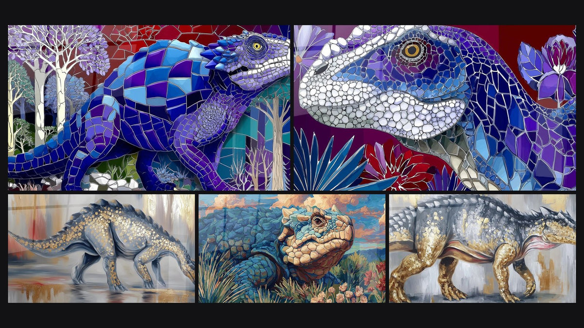Mosaïque de cinq tableaux, dont Dinosaure Mosaïque, Dinosaure Scutosaurus et Dinosaure Blindé