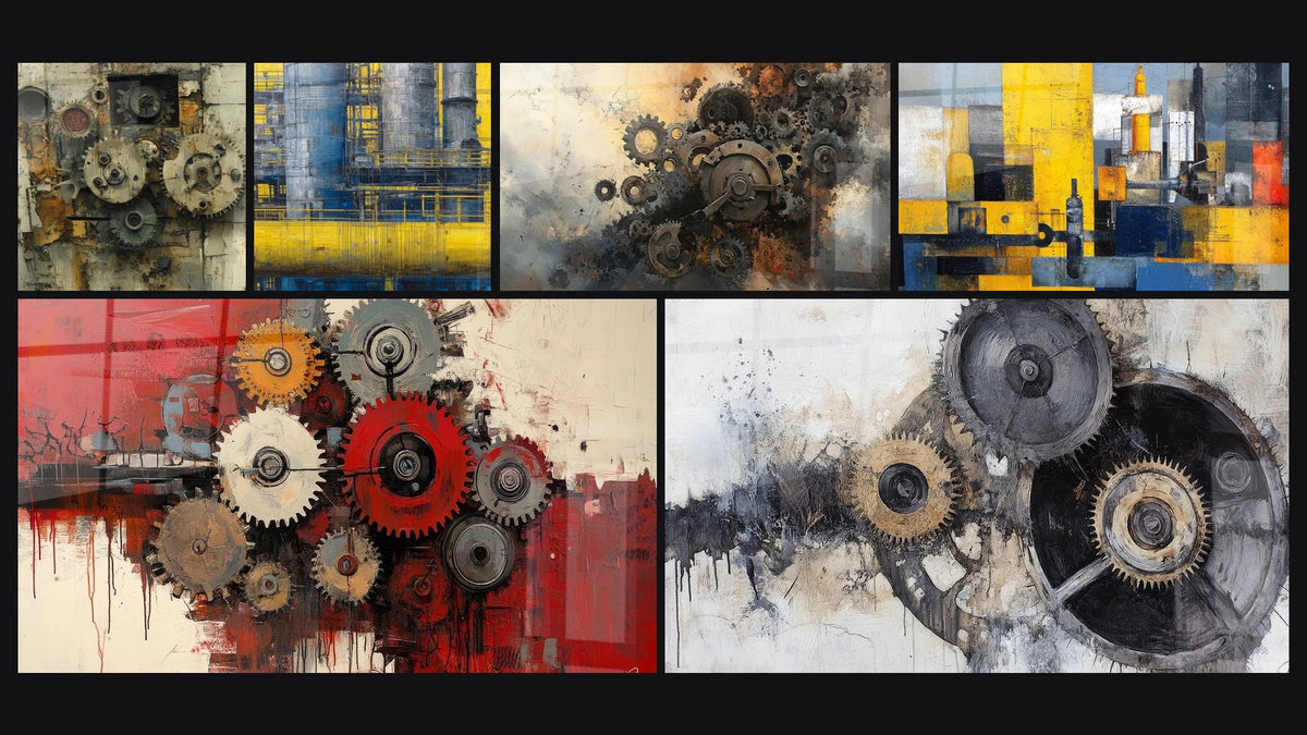 Mosaïque de six tableaux, dont Mécanismes industriels, Complexe industriel abstrait et Mécanismes rouillés