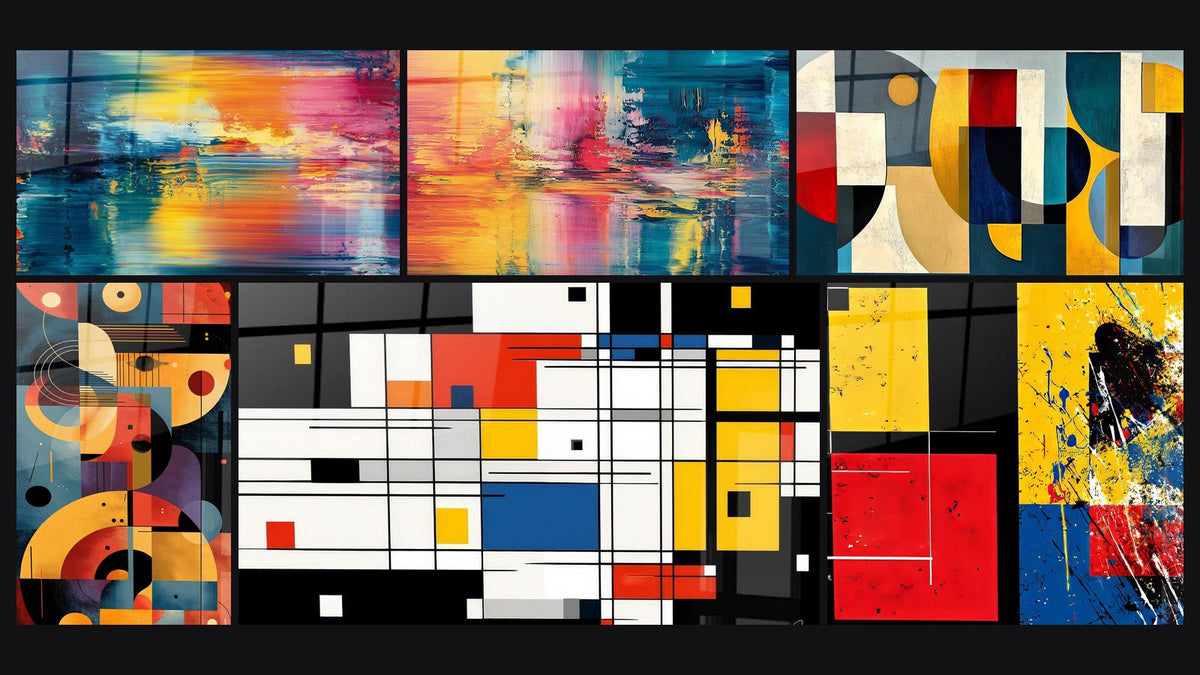 Mosaïque de six tableaux, dont Abstrait coloré, Abstrait reflets colorés et Composition géométrique multicolore