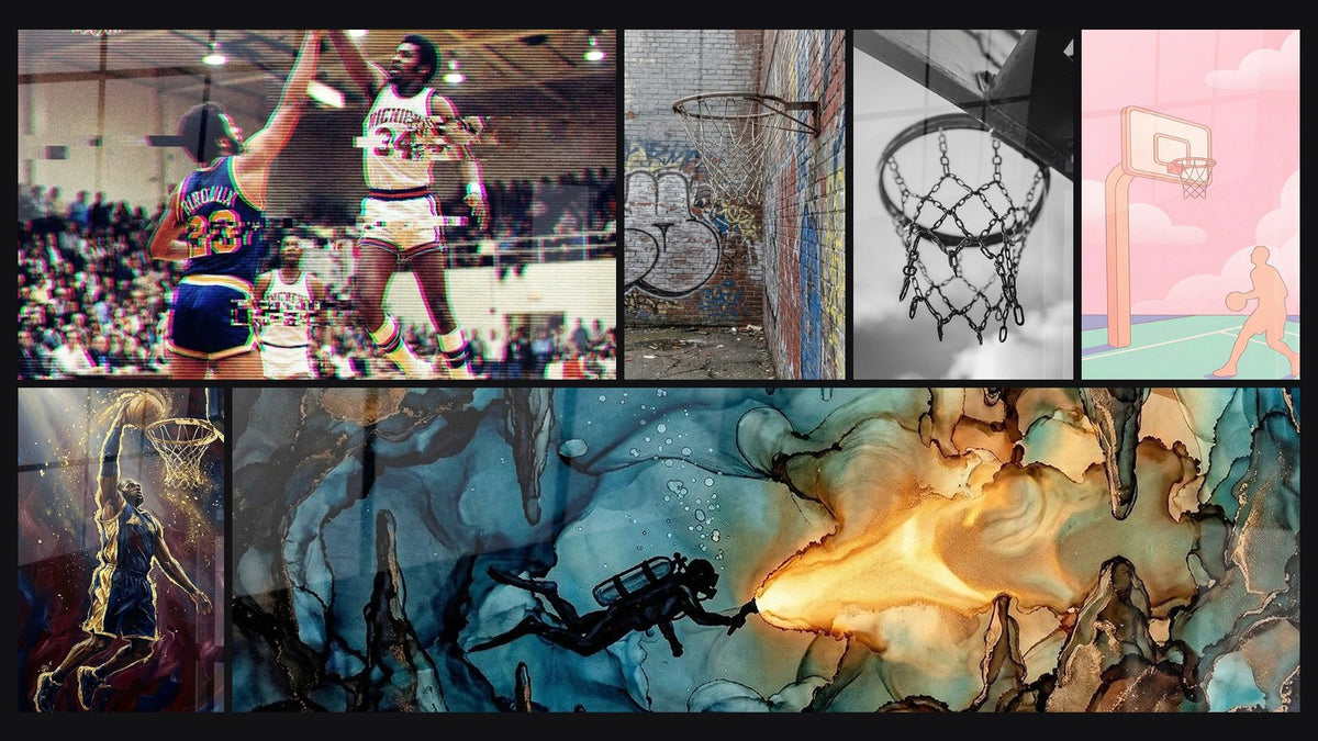 Mosaico de seis cuadros, entre ellos Duelo Baloncesto Retro, Dunk Espectacular y Canasta de Baloncesto Urbana