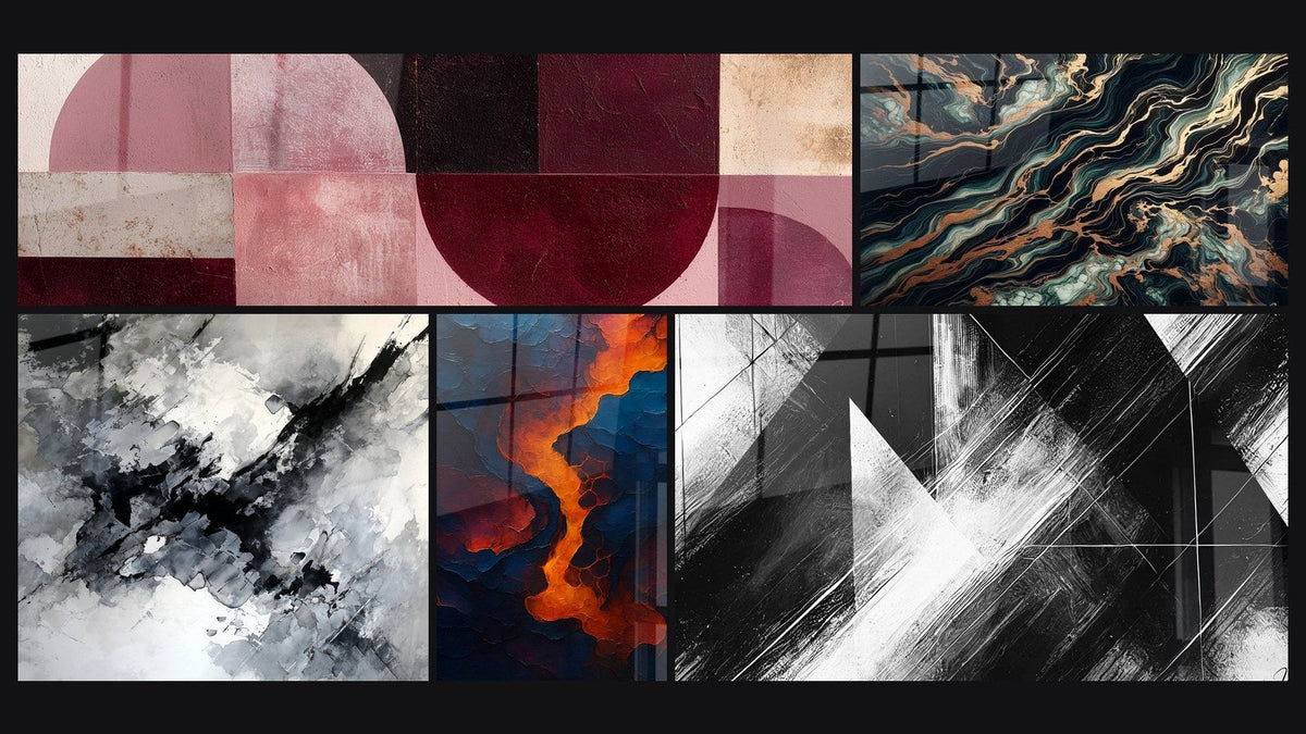 Mosaic of five paintings, including Blood of the Earth, Convergence Points and Aurifer Flow