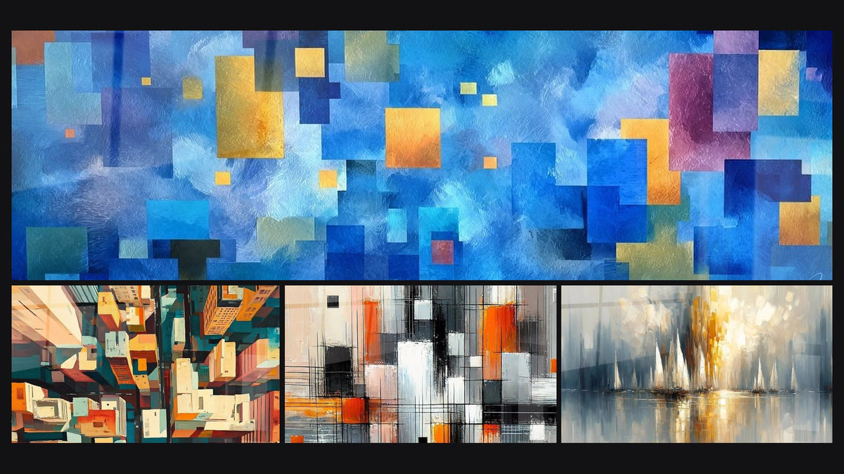 Mosaic of four paintings, including Mosaic of colored squares, Metropolitan Maze Orange and Mechanics of Colors