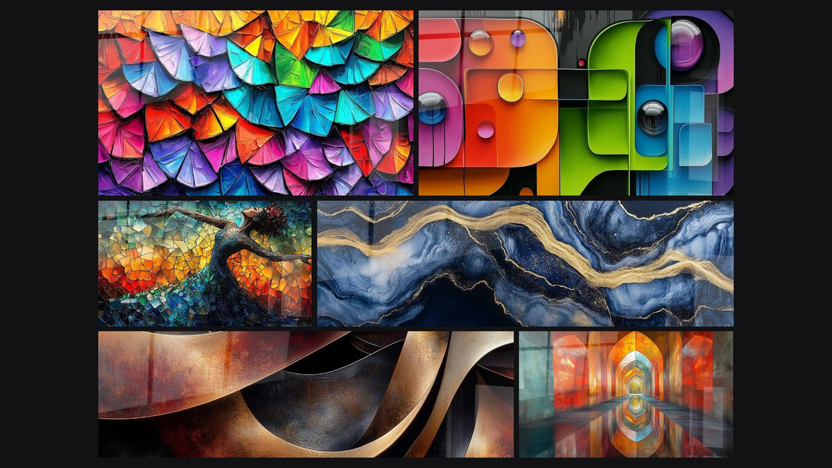 Mosaïque de six tableaux, dont Éventails colorés, Typographie multicolore et Danse Feu Libératrice Rouge