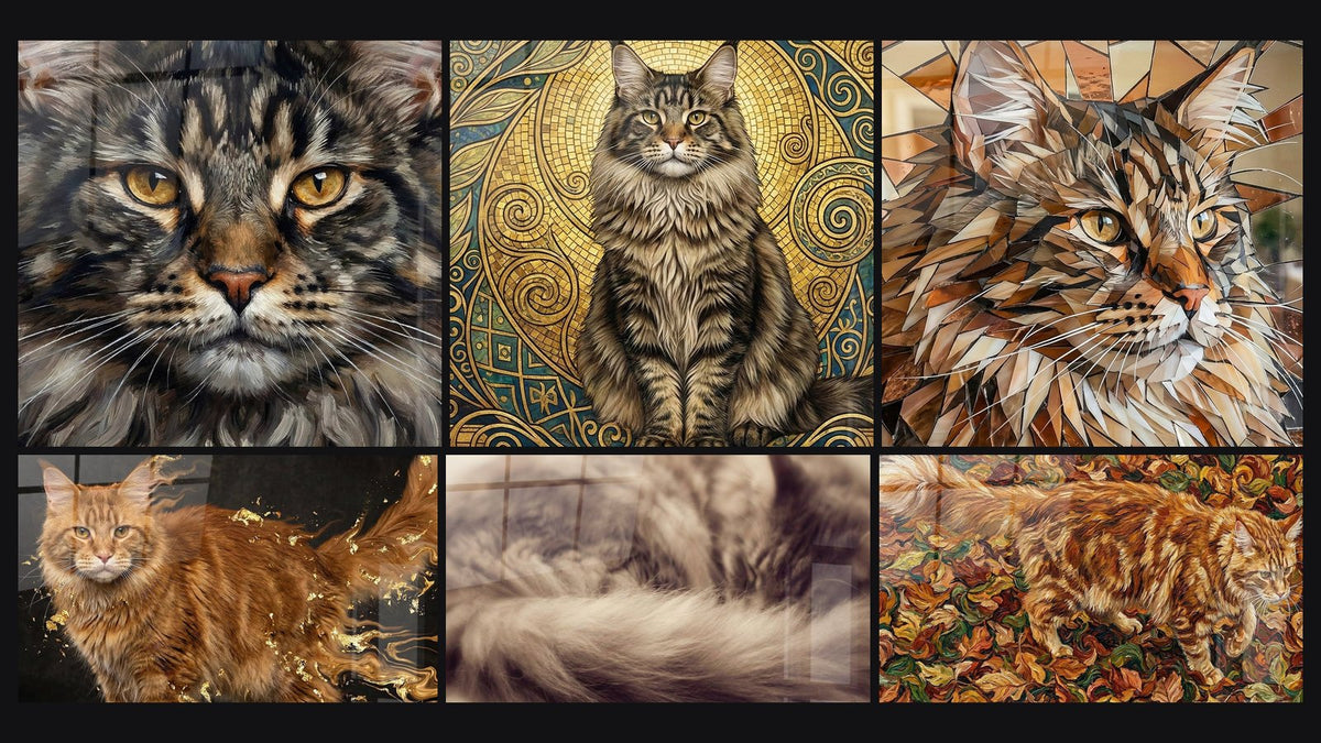 Mosaïque de six tableaux, dont Chat Maine Coon Portrait Yeux Dorés, Chat Maine Coon Roux et Chat Maine Coon Mosaïque Dorée