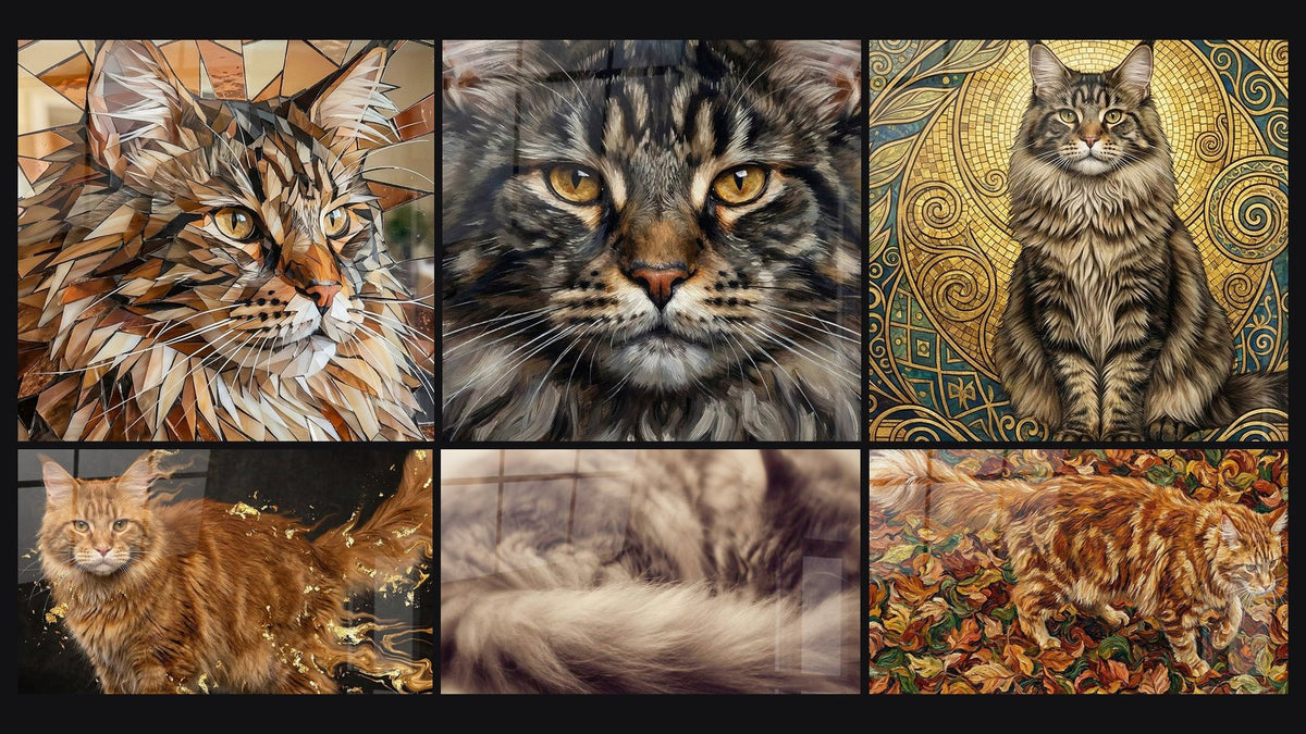 Mosaïque de six tableaux, dont Chat Maine Coon Mosaïque et Chat Maine Coon Portrait Yeux Dorés