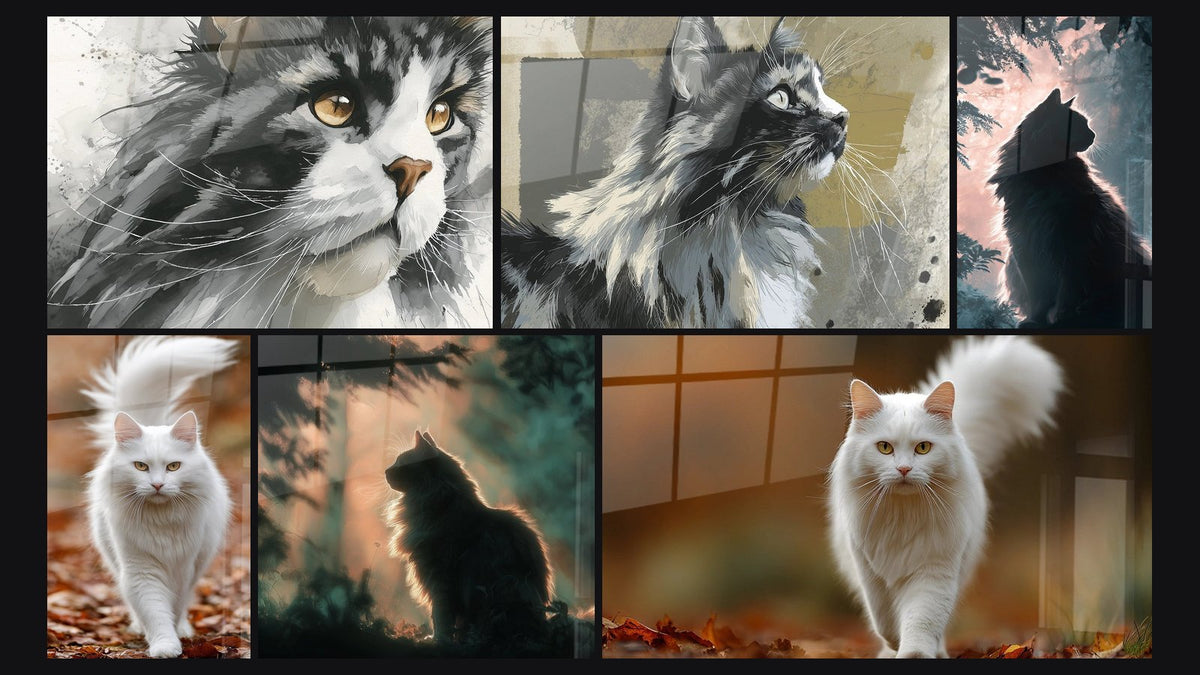 Mosaïque de six tableaux, dont Chat Sibérien Aquarelle et Chat Sibérien Regard Contemplatif