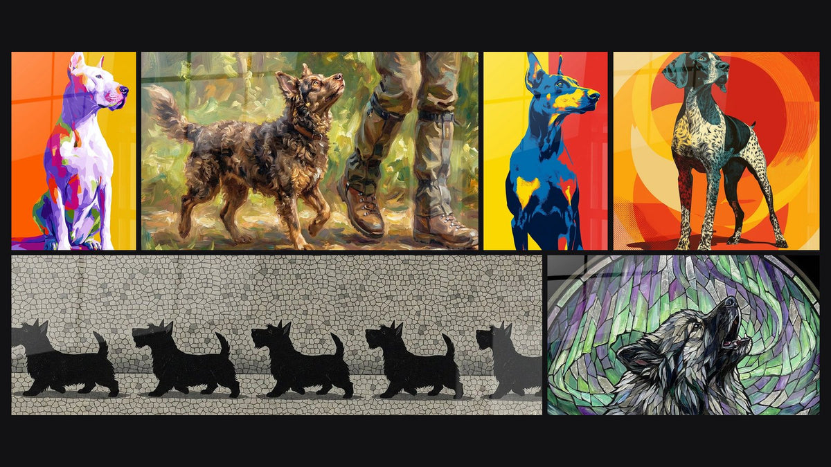 Mosaïque de six tableaux, dont Chien Blanc Assis aux Couleurs Vives et Silhouettes de Chiens en Mosaïque Noire
