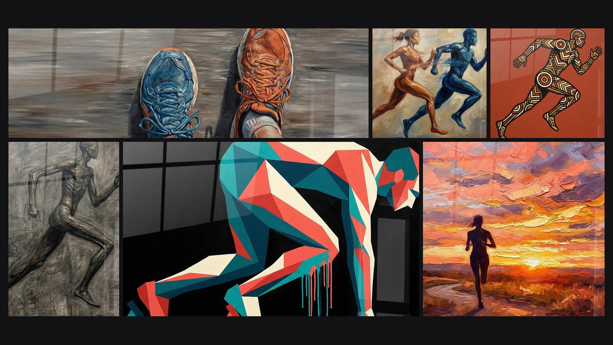 Mosaico di sei quadri, tra cui Scarpe da Corsa, Corridore Anatomico e Corridore Geometrico
