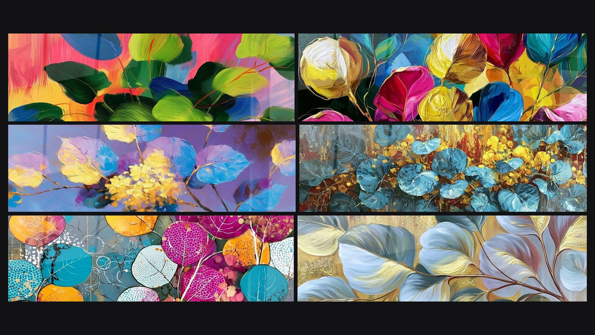 Mosaic of six paintings, including Blue and Yellow Leaves in Central Cluster and Pale Blue and Gold Leaves on Branch