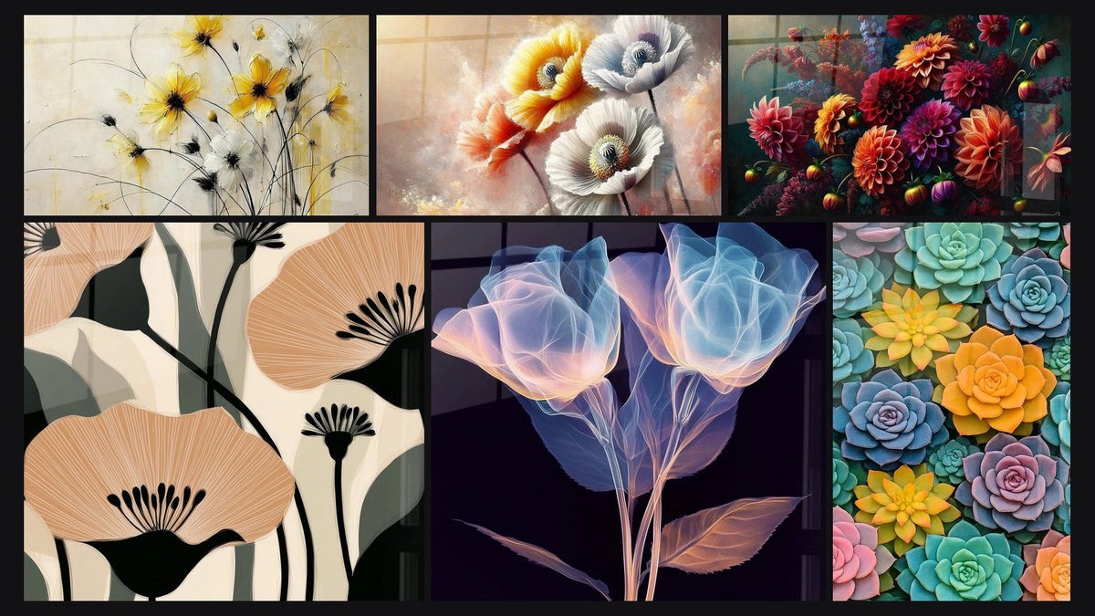 Mosaïque de six tableaux, dont Fleurs de Soleil, Fleurs Abstraites et Voile Botanique -Édition Fleur Nature