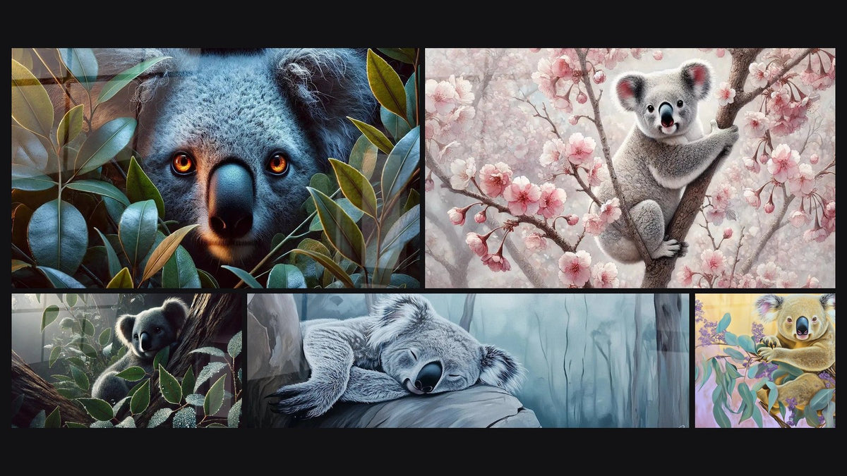 Mosaïque de cinq tableaux, dont Silence de la Nature, Repos en Forêt et Koala Caresse de brouillard