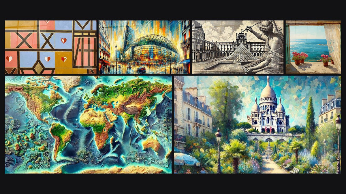 Mosaïque de six tableaux, dont Art Géométrique, Bercy N°1 et Carte du Monde N°3