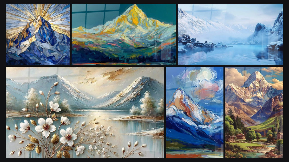 Mosaico di sei quadri, tra cui Montagne Mosaico, Fiori e Vette e Montagne innevate con lago