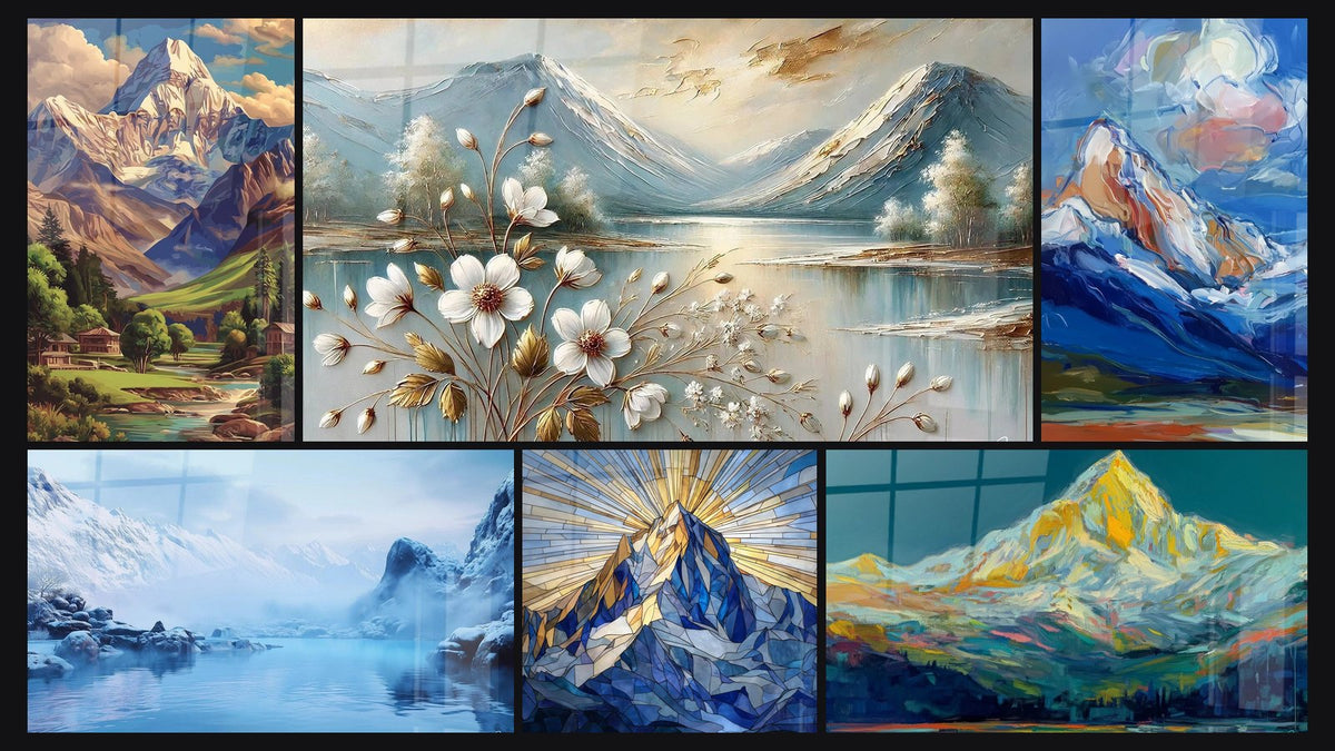 Mosaïque de six tableaux, dont Vallée alpine avec chalet, Fleurs et Sommets et Mystère Polaire