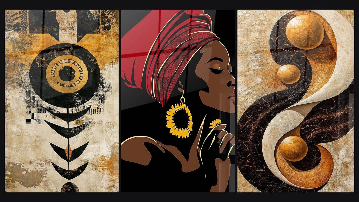 Mosaic of three paintings, including Abstract African Tribal Sun and African Woman Artwork Radiance of Pride