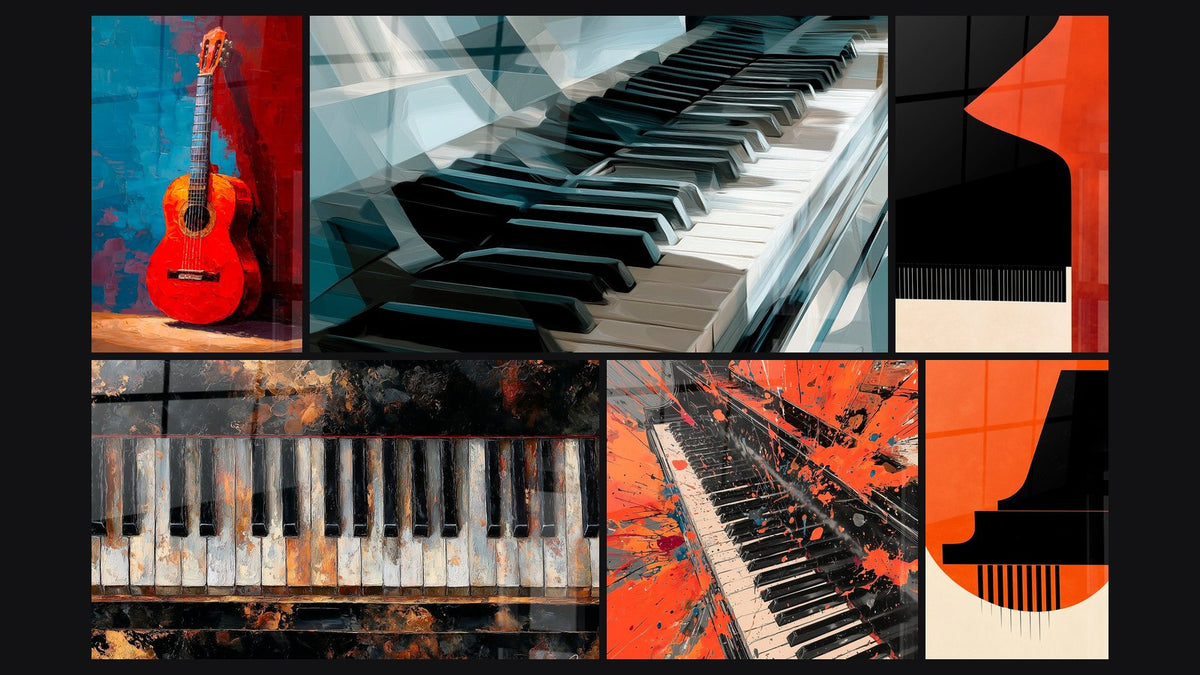 Mosaic of six paintings, including Orange and Black Music