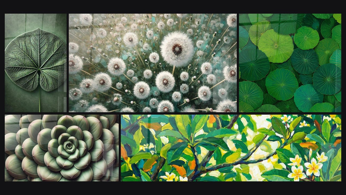 Mosaico de cinco cuadros, entre ellos Simetría Verde, Al Aire Libre y Hojas de Loto Verdes en Mosaico Natural