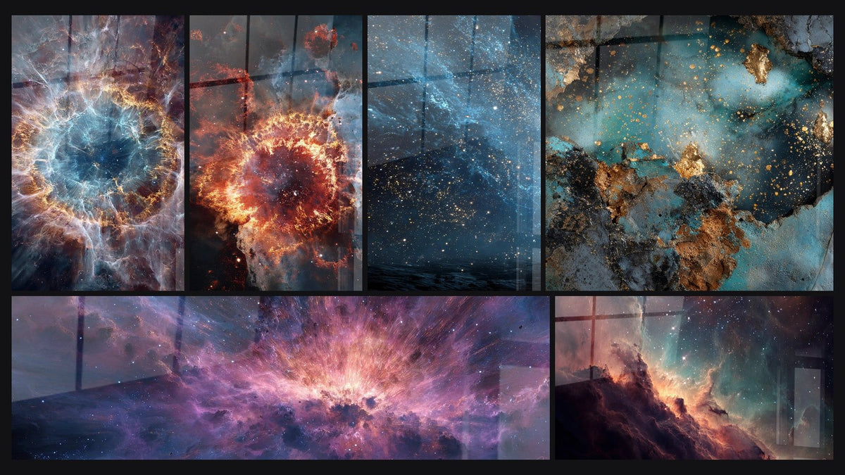 Mosaico de seis cuadros, entre ellos Nebulosa espiral, Nebulosa cósmica y Nebulosa planetaria
