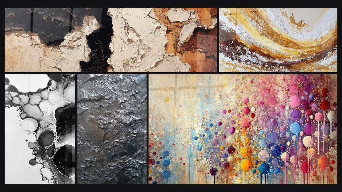 Mosaïque de cinq tableaux, dont Bulles abstraites et Mosaïque de Sphères