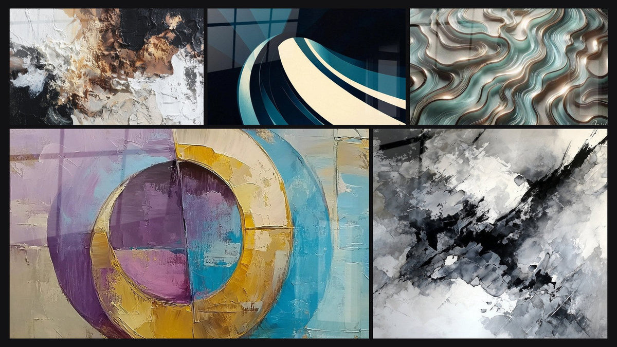 Mosaic of five paintings, including Concentric Colored Circles, Modern Spiral Wave and Ethereal Curves