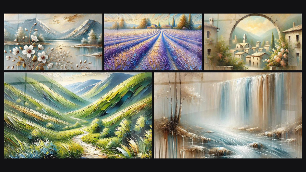 Mosaïque de cinq tableaux, dont Fleurs et Sommets, Poésie Alpine et Paysage artistique N°1