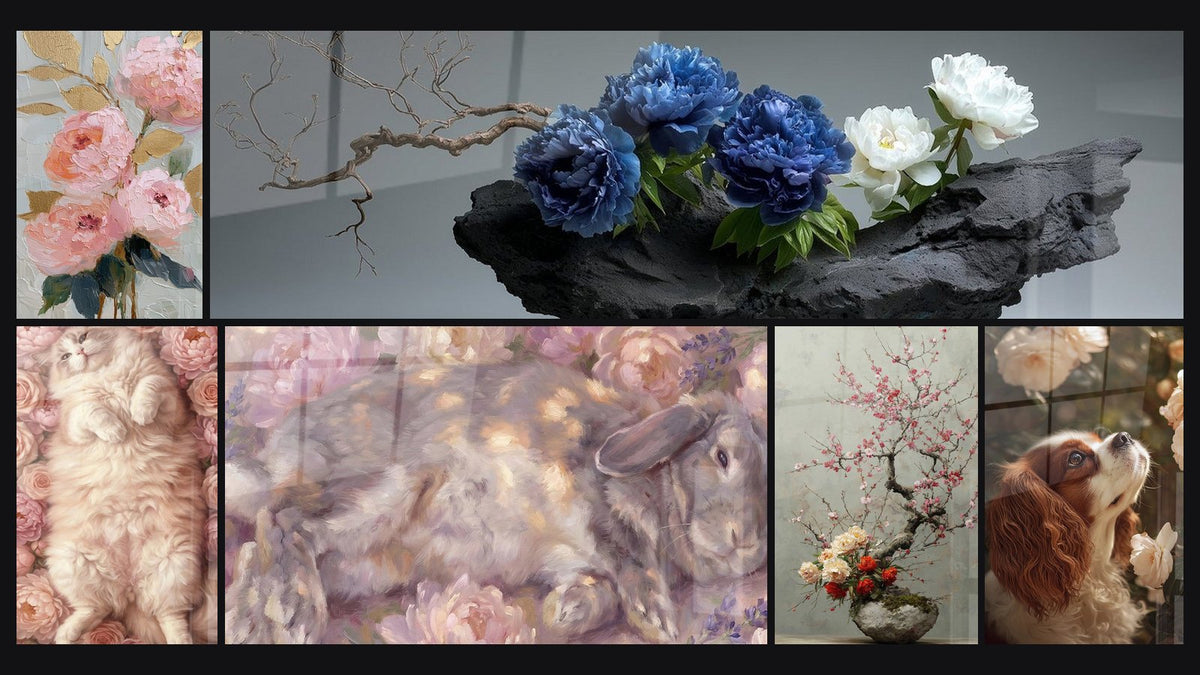 Mosaïque de six tableaux, dont Pivoines roses dorées sur fond gris perle et Chat Ragamuffin aux Pivoines Roses