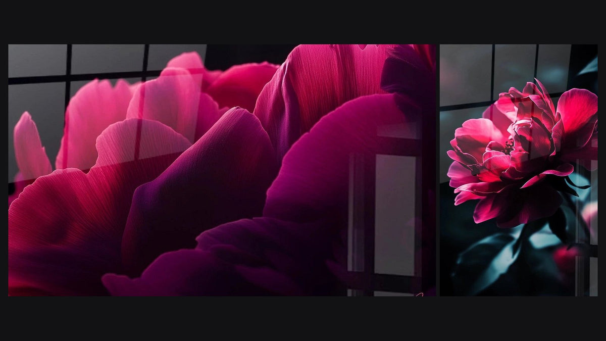 Deux tableaux côte à côte : Pivoine N°1 et Pivoine N°3