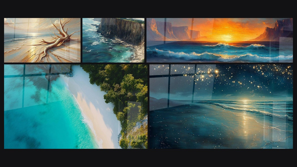 Mosaïque de cinq tableaux, dont Embrassé par la Mer, Falaises Océanes et Horizon Flamboyant