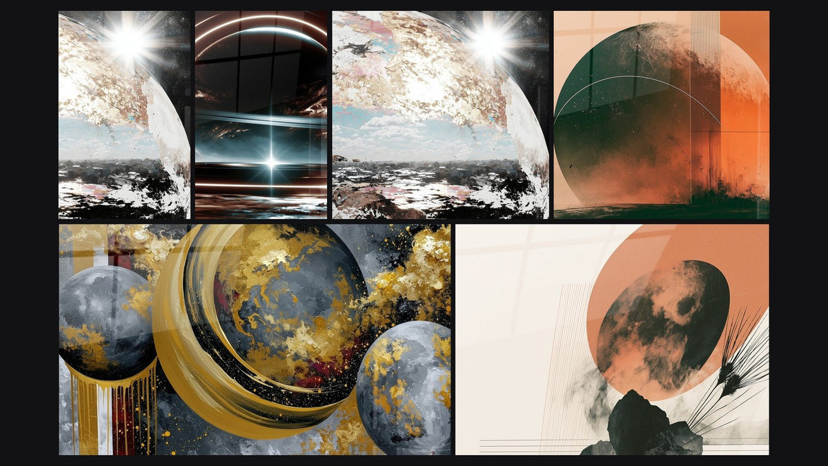 Mosaic of six paintings, including Golden Planets with Anthracite Spheres and Orange and Black Sphere on Mineral Rock