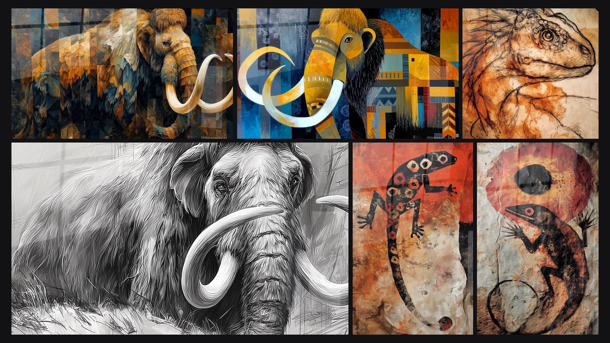 Mosaico de seis cuadros, entre ellos Mamut lanudo mosaico abstracto, Mamut lanudo y Mamut lanudo geométrico