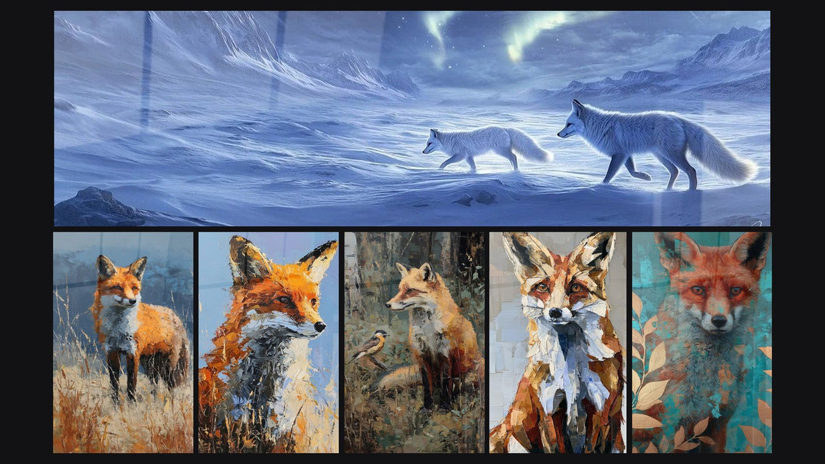 Mosaik aus sechs Gemälden, darunter Fuchsbild Polarische Boten und Rotfuchs und Vogel im Unterholz