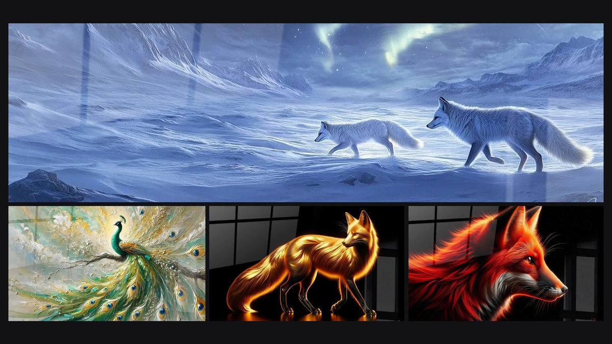 Mosaic of four paintings, including Royal Renaissance, Golden Fox Mystical Aura and Incandescent Ember Fox