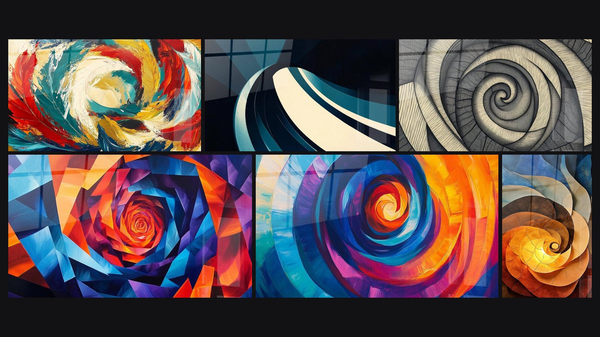 Mosaïque de six tableaux, dont Métamorphose Cosmique, Onde spiralée moderne et Spirale géométrique texturée