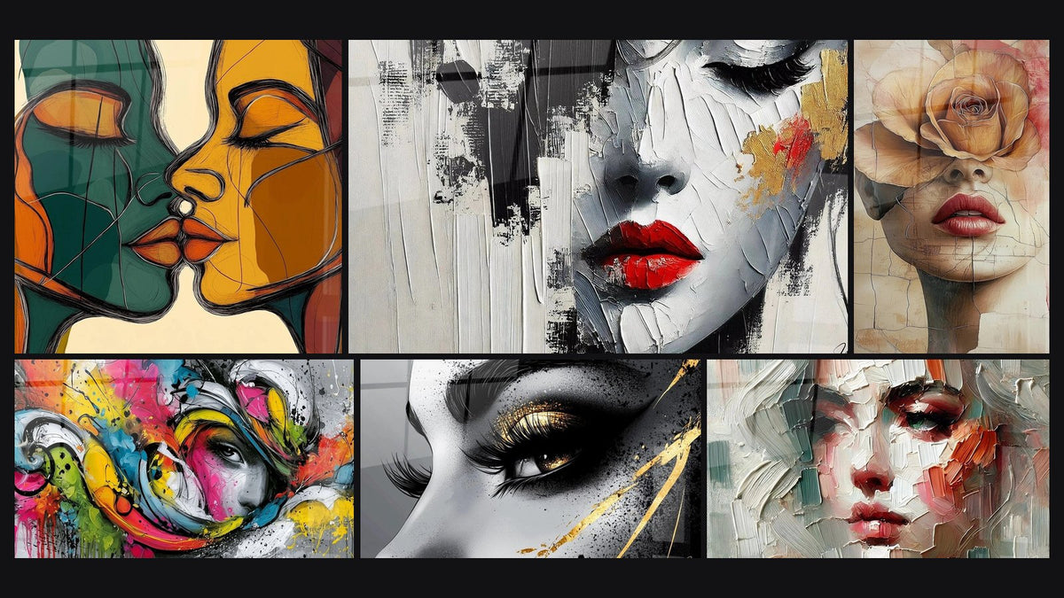 Mosaico de seis cuadros, entre ellos Belleza Inconclusa, Ojo Lágrima de Oro y A flor de piel