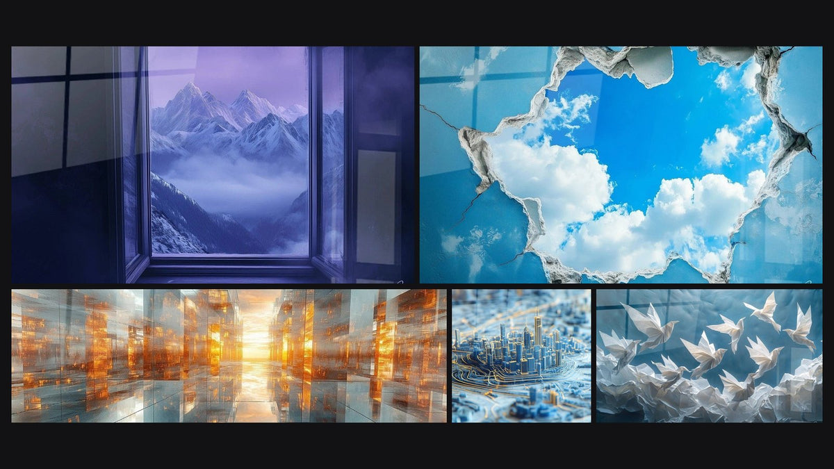 Mosaïque de cinq tableaux, dont Montagne Rêve d'altitude, Ciel Fenêtre céleste et Métropole âme de cuivre