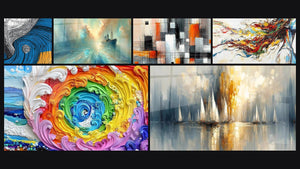 Mosaic of six paintings, including Spiral wave colorful, Heart of the Breeze and Mechanics of Colors