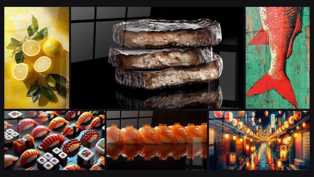 Mozaika sześciu obrazów, w tym Cytryna Nr 2, Ser N°4 i Sztuki Sushi