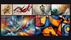 Mosaic of six paintings, including Abstract Calligraphy, Gestural Movement and Between Us