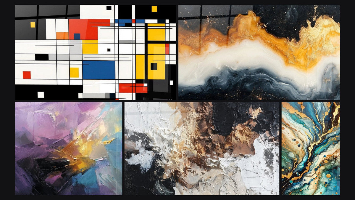 Mosaico de cinco cuadros, entre ellos Composición geométrica colorida y Explosión de colores abstracta
