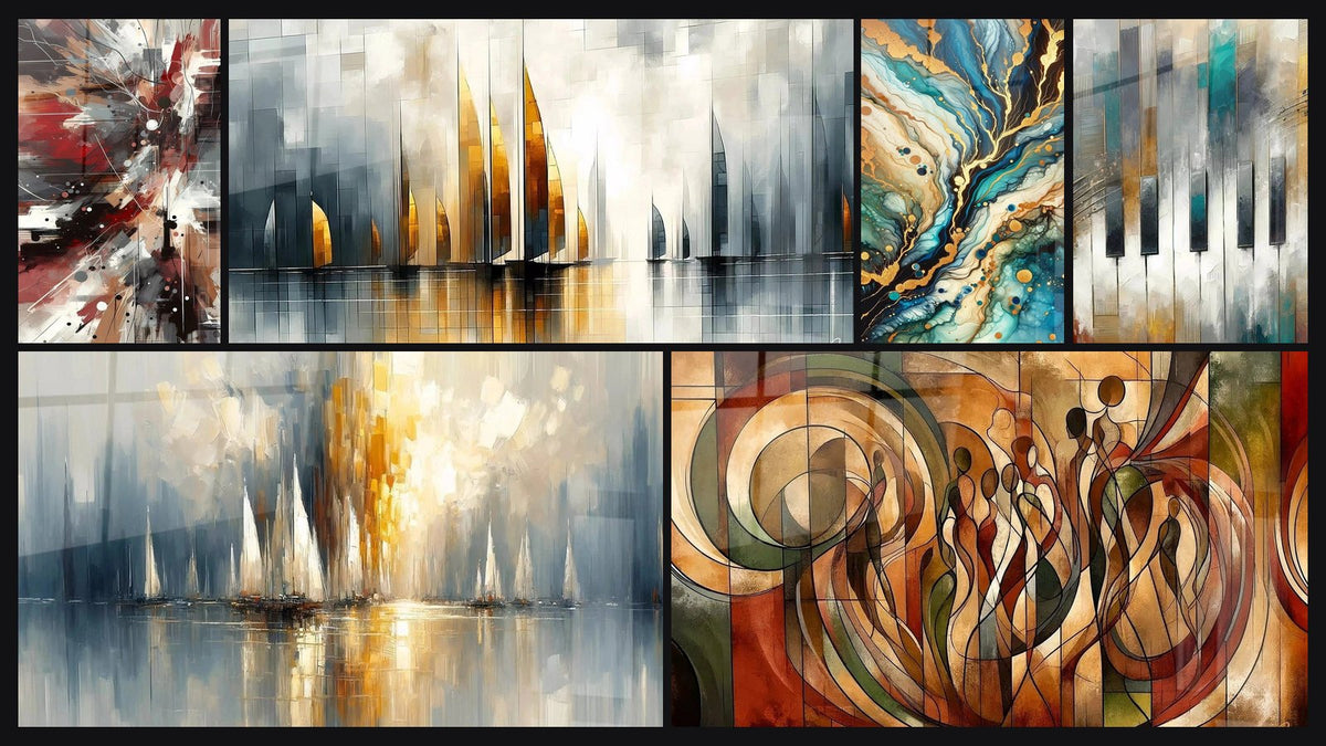 Mosaico di sei quadri, tra cui Rumore Dinamico Esplosivo, Alba sulla Baia e Navigare nel Miraggio