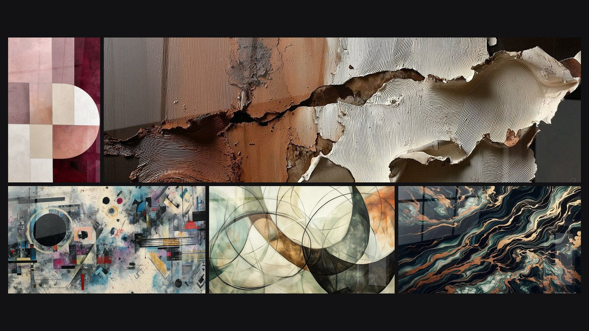 Mosaico de cinco cuadros, entre ellos Composición abstracta geométrica, Los Lazos Invisibles y Flujo Aurífero