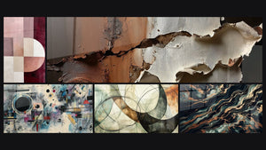 Mosaico de cinco cuadros, entre ellos Composición abstracta geométrica, Los Lazos Invisibles y Flujo Aurífero