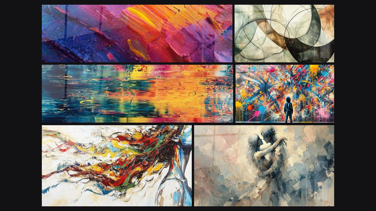 Mosaïque de six tableaux, dont Peinture abstraite colorée, Abstrait reflets colorés et Muse Moderne
