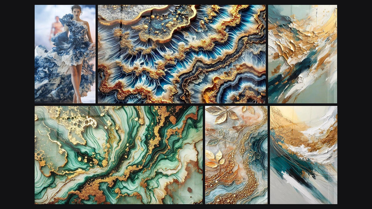 Mosaïque de six tableaux, dont Marée Dorée, Marbrures Mystiques et Feuilles d'Or