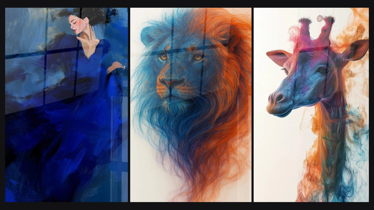 Mosaïque de trois tableaux, dont Esprit de Feu -Édition Mythoscène fluide et Élancée -Édition Mythoscène fluide