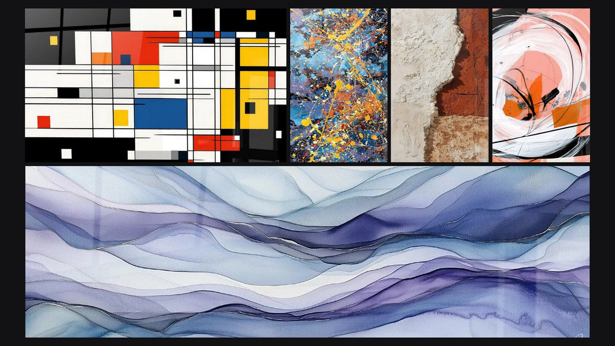 Mosaïque de cinq tableaux, dont Composition géométrique colorée, Nappes Oniriques Pervenche et Explosion de couleurs